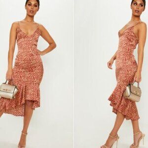 PrettyLittleThing Red Leopard Print Frill Hem Midi Slip Dress 4